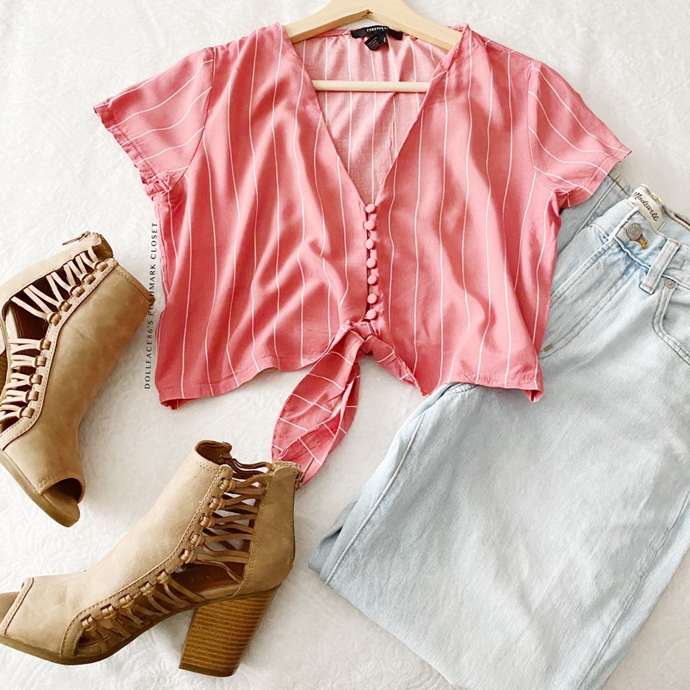 Pink & White Stripe Button Down Tied Waist Crop Top